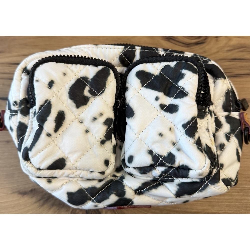 MZ Wallace Savoy Quilted Cosmetic Bag Black And White Cow Printed Pattern